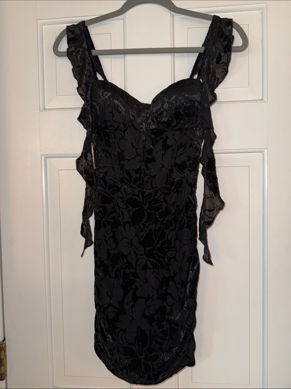 Windsor Black Floral Jacquard Ruffle-Detail Mini Dress